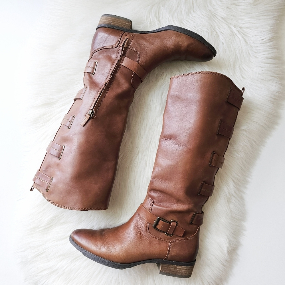 Sole Society So-Franzie Vintage Cognac Genuine Leather Riding Boots Size 11M